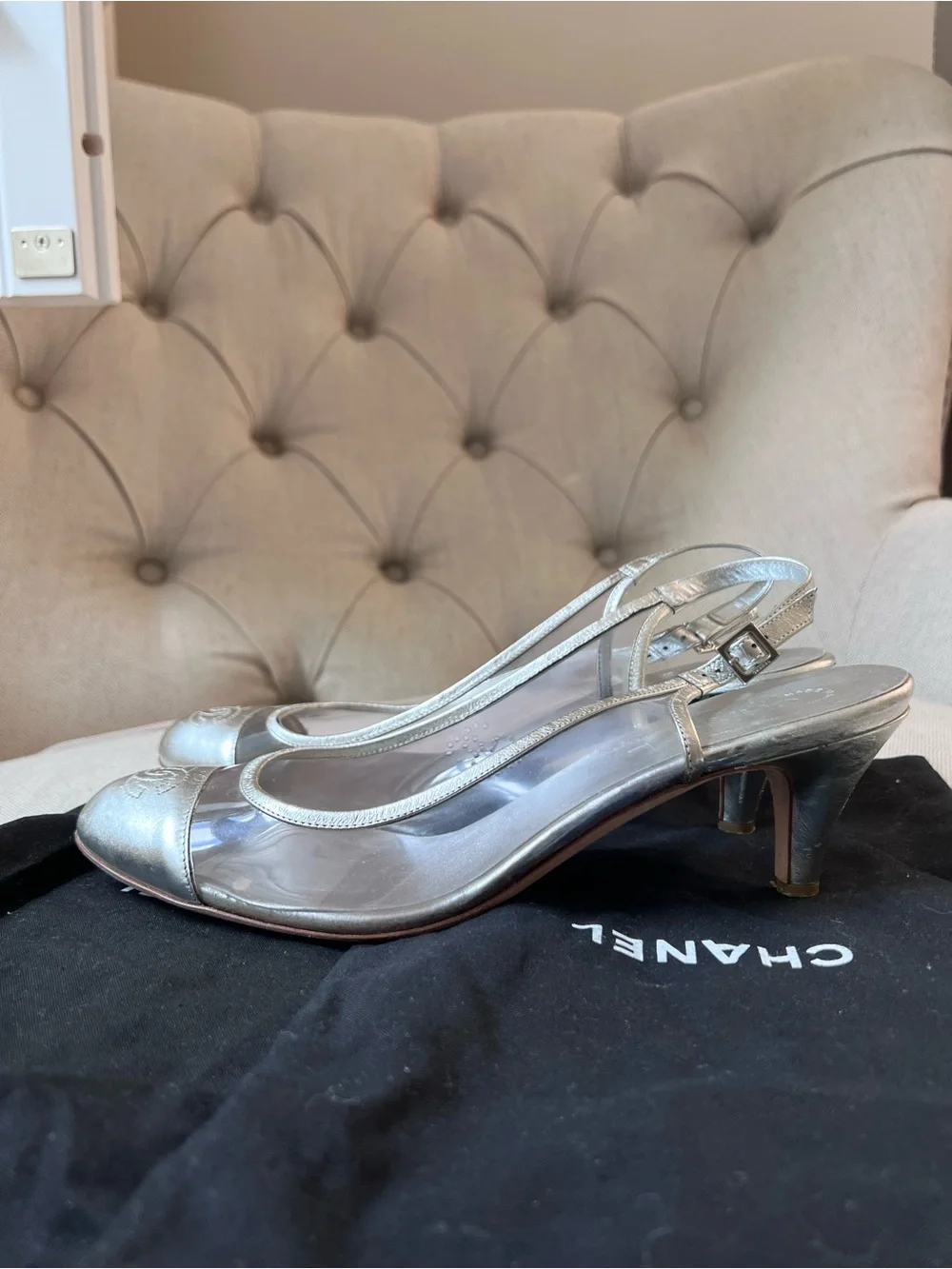 Chanel Silver Cap-Toe Slingback Ballet cat heel